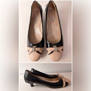 Tod’s Black & Beige Patent Leather Cap Toe Bow Pumps | Crystal Mini Kitten Heels